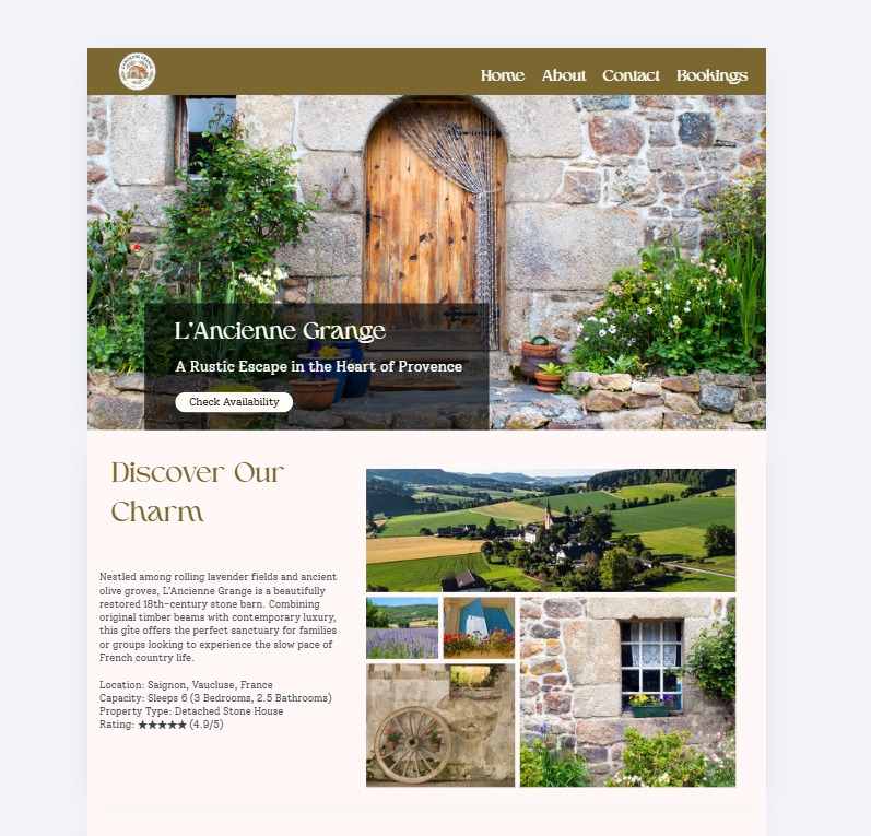 Website for L'Ancienne Grange, featuring a rustic holiday cottage rental in the French countryside with a clean, image-led layout.