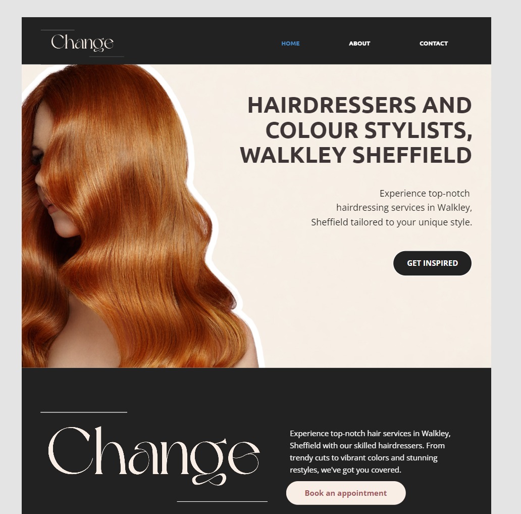 Modern website design for Change Hairdressers in Sheffield, showcasing high-end branding and online appointment booking