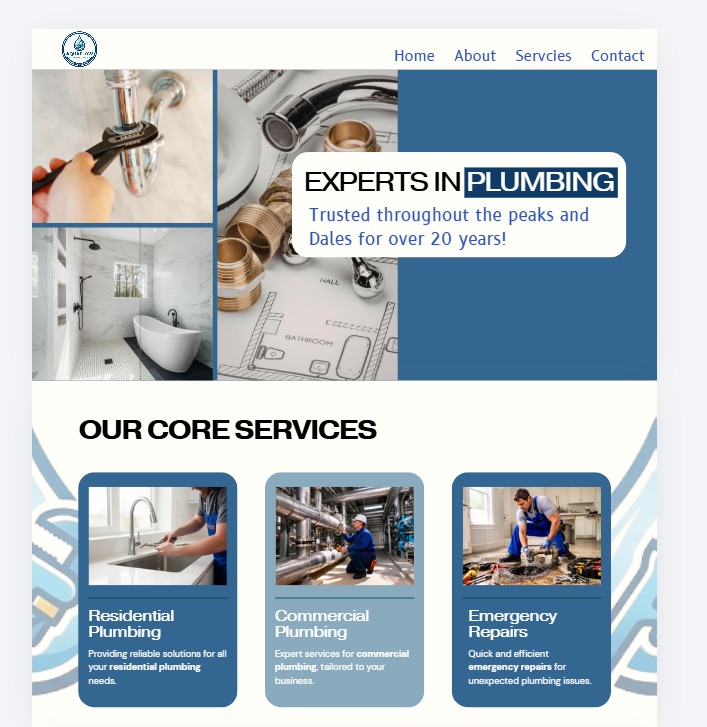 Responsive plumbing website design showing a clear grid layout of core services like residential and emergency plumbing