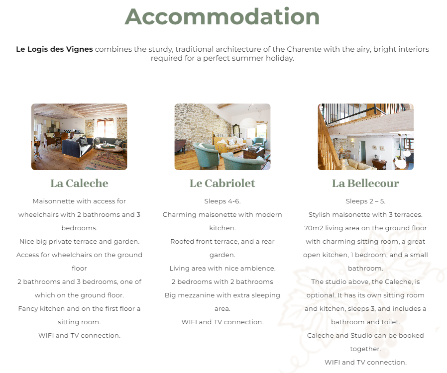 Internal accommodation page layout for Le Logis des Vignes, showcasing property details and high-resolution gallery images