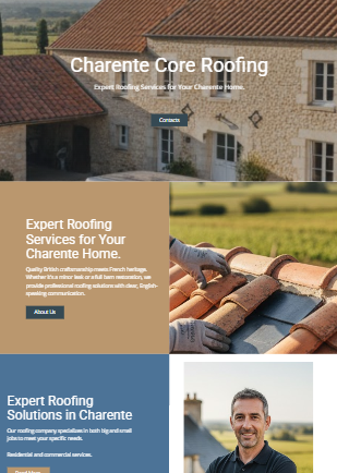 Website design for Expert Roofing Services, featuring a high-quality project image and clear call-to-action for roofing in Charente