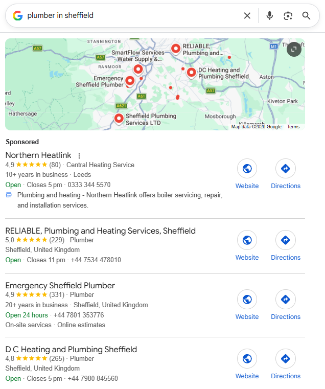 Screenshot of Google search results for 'plumber in sheffield', showing the high-traffic 'Top 3' Map Pack where SearchReady aims to position clients
