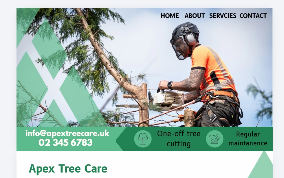 Responsive website for Apex Tree Care, highlighting professional tree surgery services with clear contact details and service icons