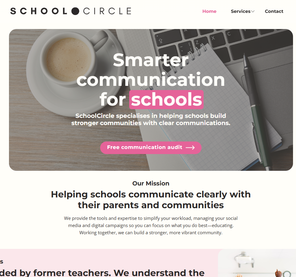 Screenshot of SchoolCircle website, featuring a professional and clean design for educational communication services.
